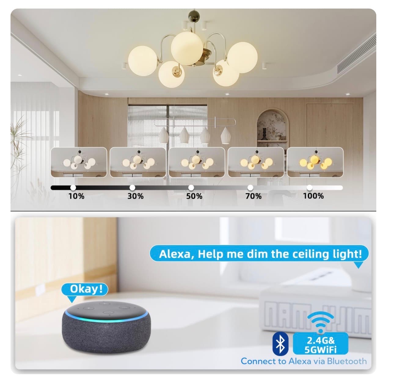 Wireless Dimmer Switch, 2 Remote Light and 1 Receiver kit, Work with Alexa Voice Control, Smart Wall Switch Lighting Fixture for Dimmable LED/CFL INC/HAL Bulb of Ceiling Pendant Lamps, ETL Listed - Thumbnail 5
