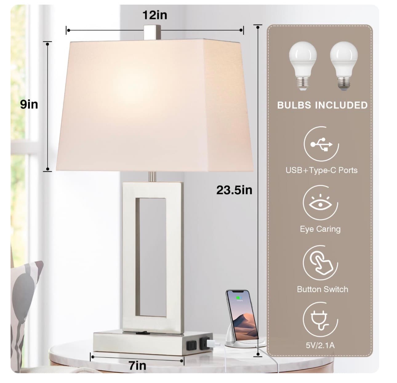 2 Table Lamps with USB C+A Ports & AC Outlet, Bedside Lamps, Modern Bedroom Lamps, Silver Lamps for Night Stands Bedroom Living Room,Nightstand Lamp - Thumbnail 3