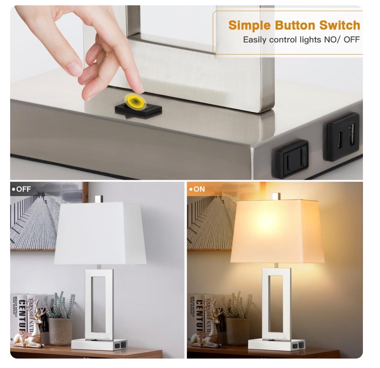2 Table Lamps with USB C+A Ports & AC Outlet, Bedside Lamps, Modern Bedroom Lamps, Silver Lamps for Night Stands Bedroom Living Room,Nightstand Lamp - Thumbnail 2