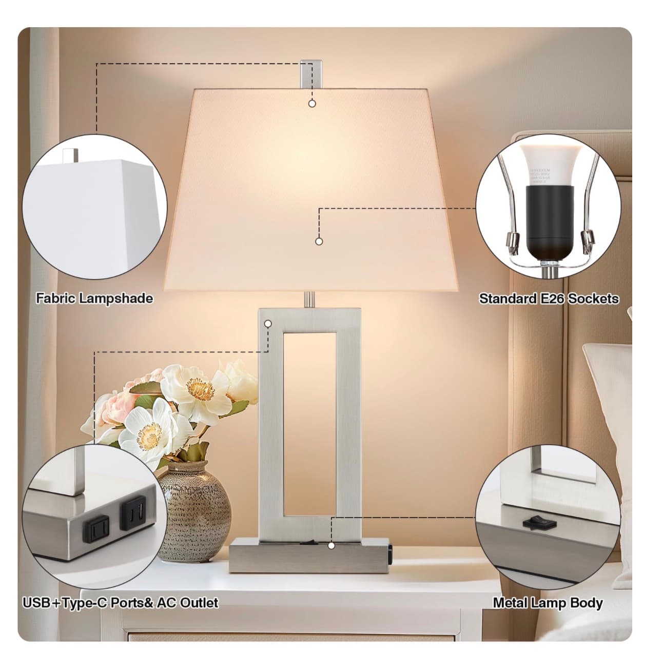 2 Table Lamps with USB C+A Ports & AC Outlet, Bedside Lamps, Modern Bedroom Lamps, Silver Lamps for Night Stands Bedroom Living Room,Nightstand Lamp