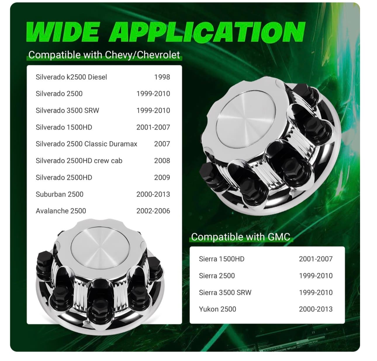 Discounted LEAPTREND 8 Lugs Chrome Wheel Center Caps (New Glossy Silver Design) 4pcs Fit for 1998-2013 Chevy/Chevrolet Silverado Avalanche Suburban&GMC Sierra Yukon 1500 2500 3500 Rim Hub Cover, Replace 15039489 - Thumbnail 2