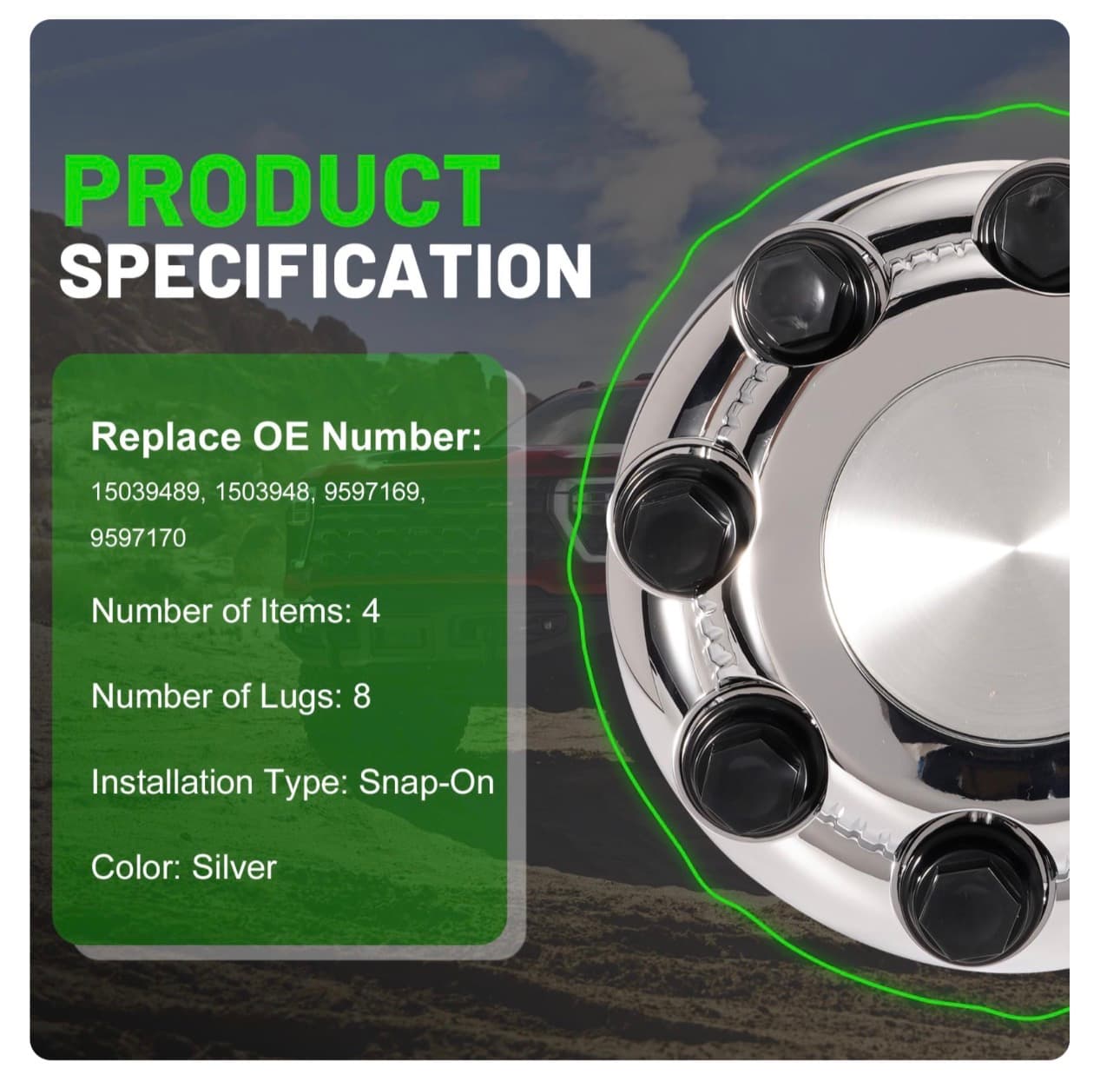Discounted LEAPTREND 8 Lugs Chrome Wheel Center Caps (New Glossy Silver Design) 4pcs Fit for 1998-2013 Chevy/Chevrolet Silverado Avalanche Suburban&GMC Sierra Yukon 1500 2500 3500 Rim Hub Cover, Replace 15039489 - Thumbnail 3