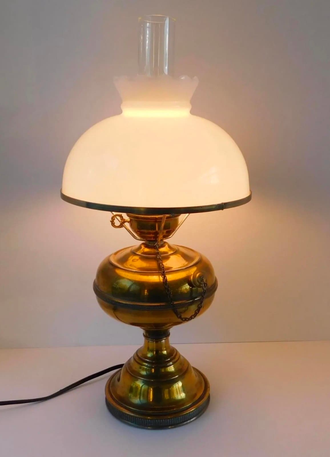 Vintage Hurricane Lamp with White Shade, Oil Lamp Style