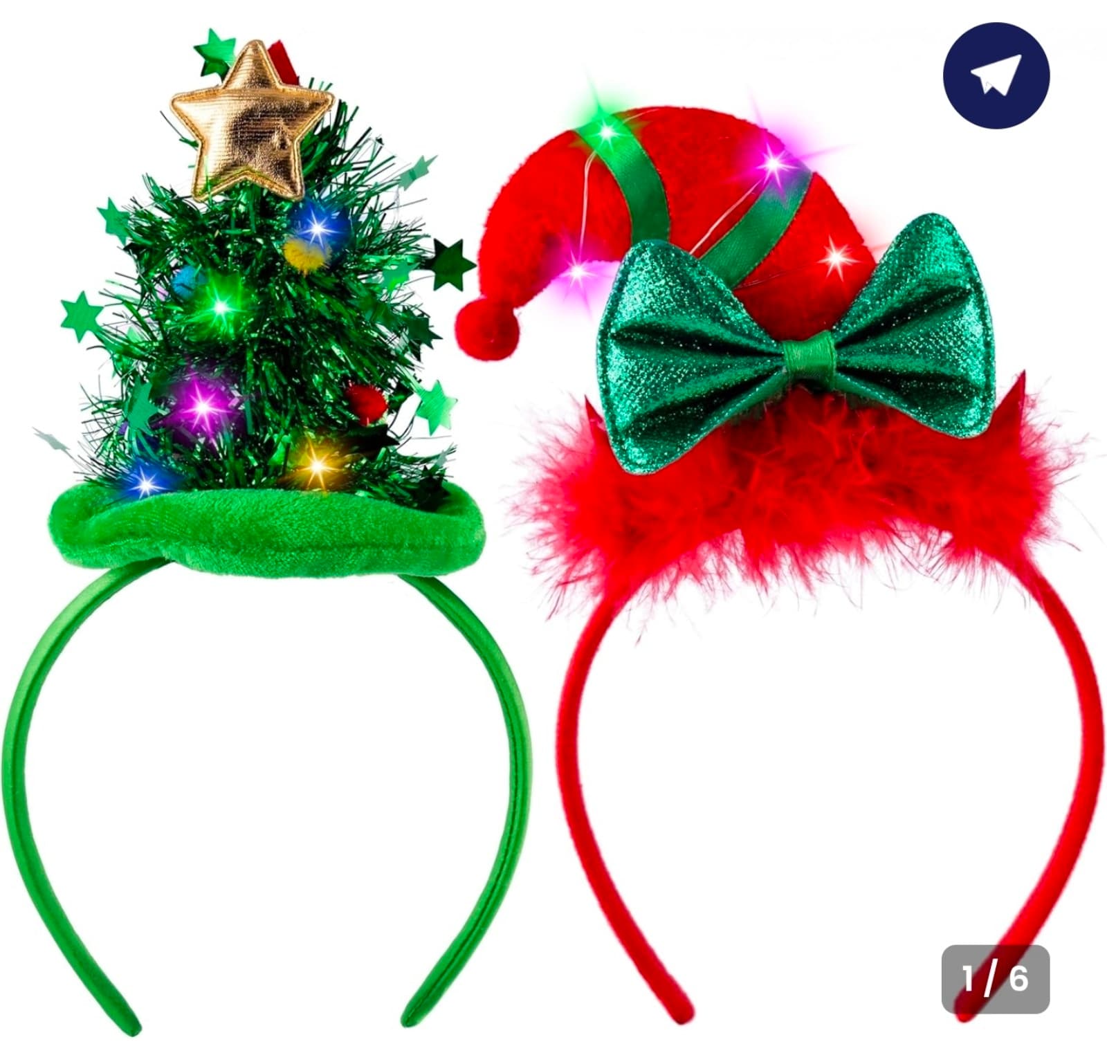 Christmas LED Headband, Tree and Elf Hat Designs Headband with LED 2ct