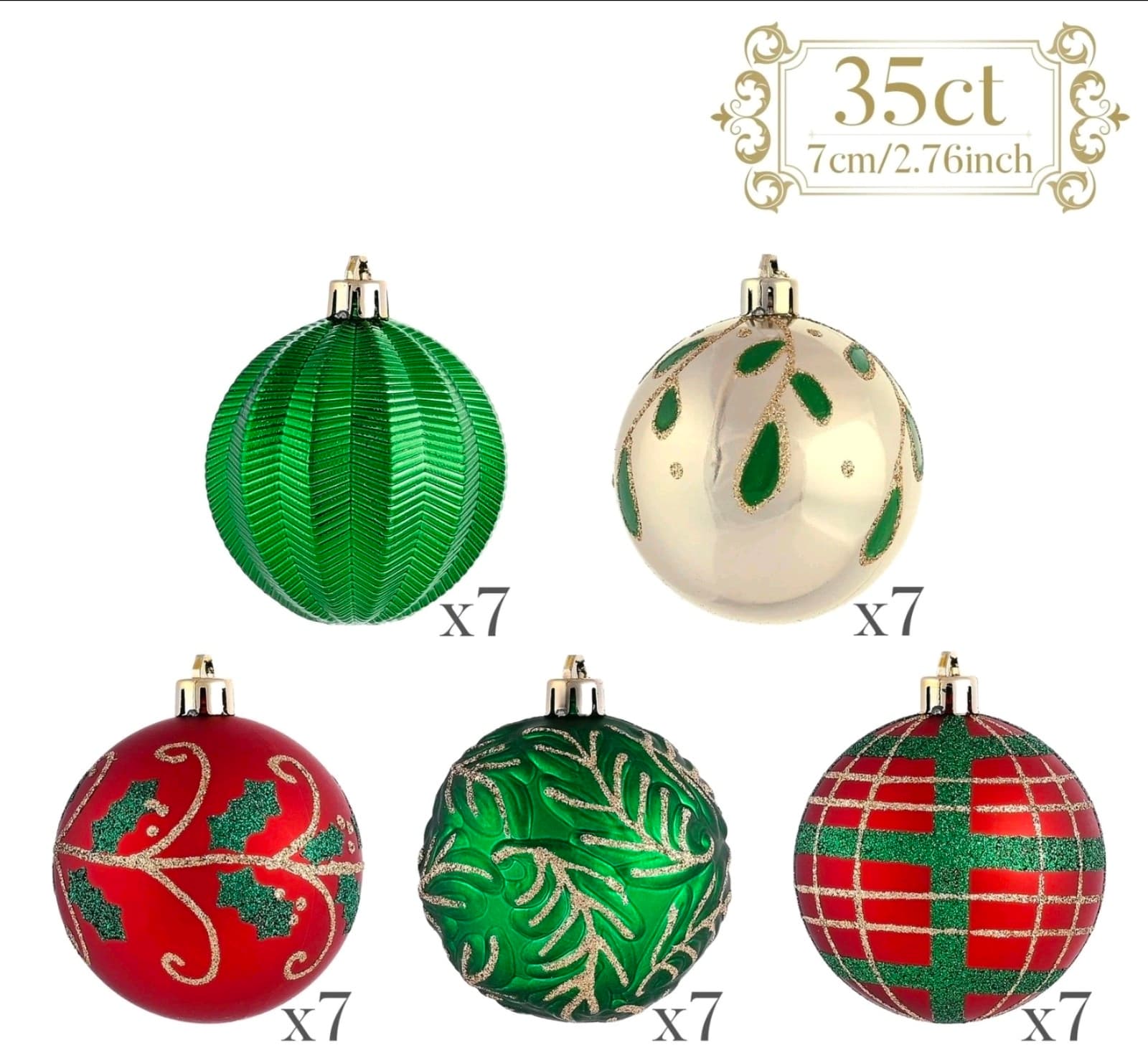 Valery Madelyn Christmas Ornaments Set, 35ct Red Green and Gold Shatterproof - Thumbnail 3