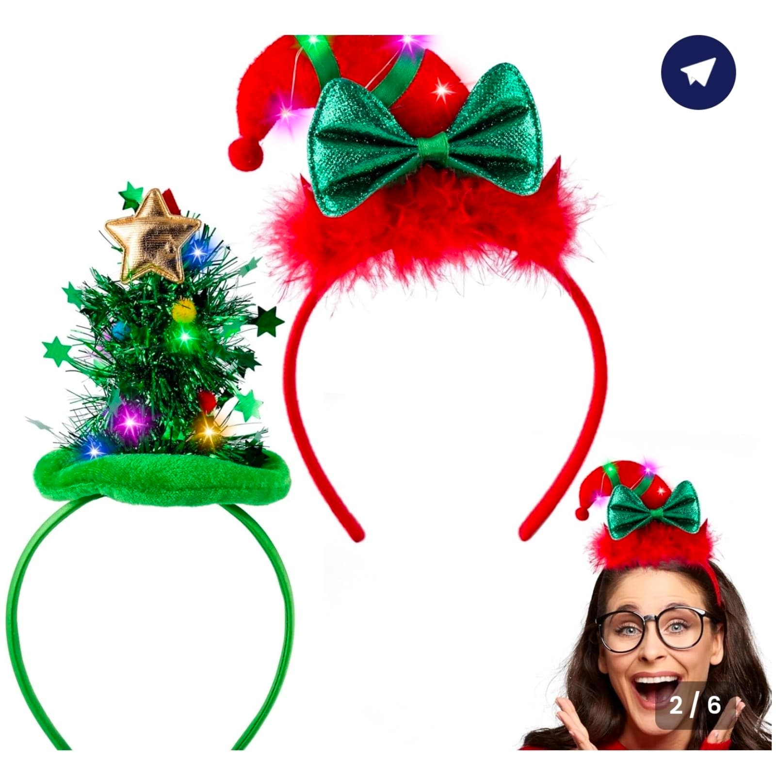 Christmas LED Headband, Tree and Elf Hat Designs Headband with LED 2ct - Thumbnail 2