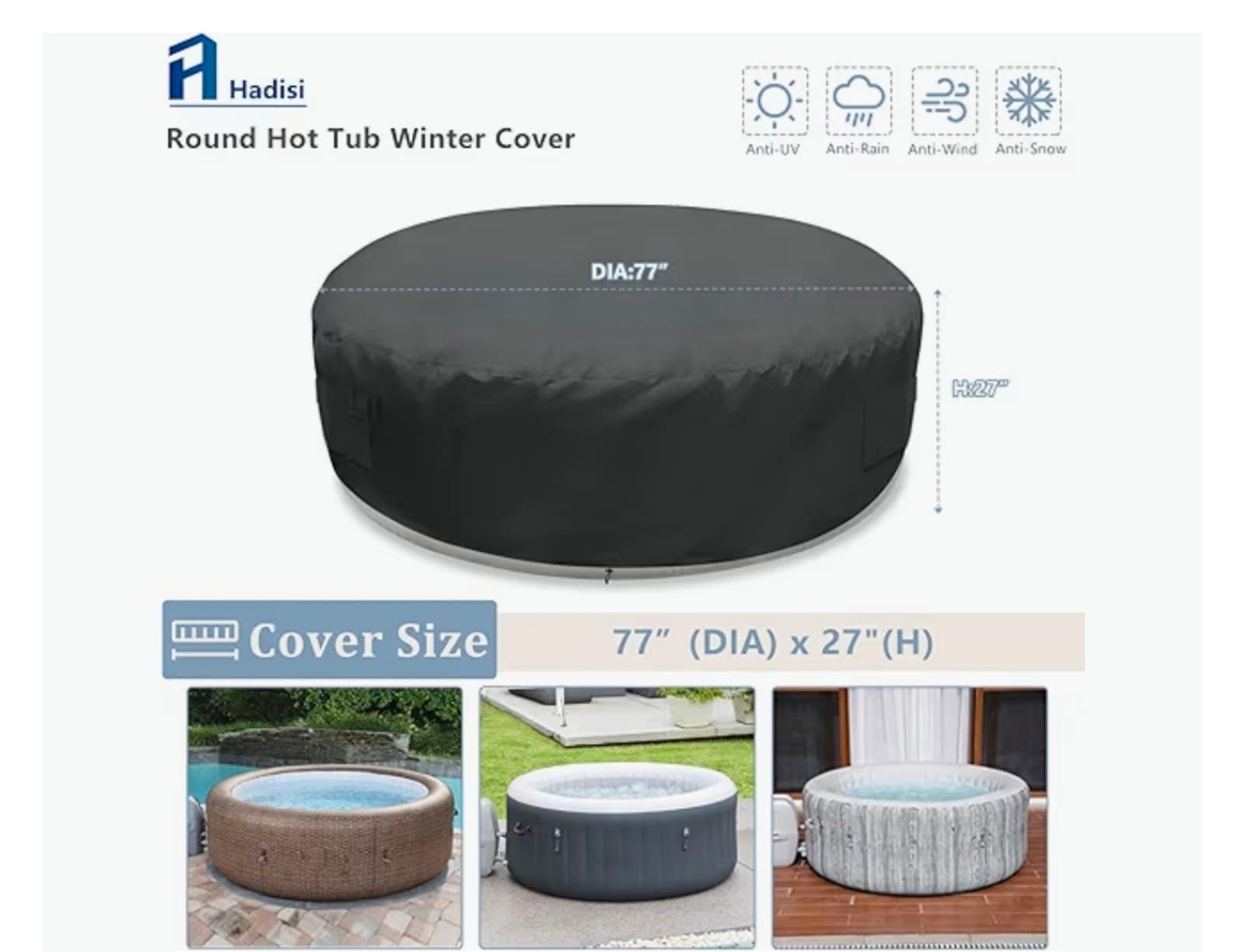 Inflatable Hot Tub Cover 77" Round Inflatable Hot Tub Thermal Cover, Full Covera - Thumbnail 3