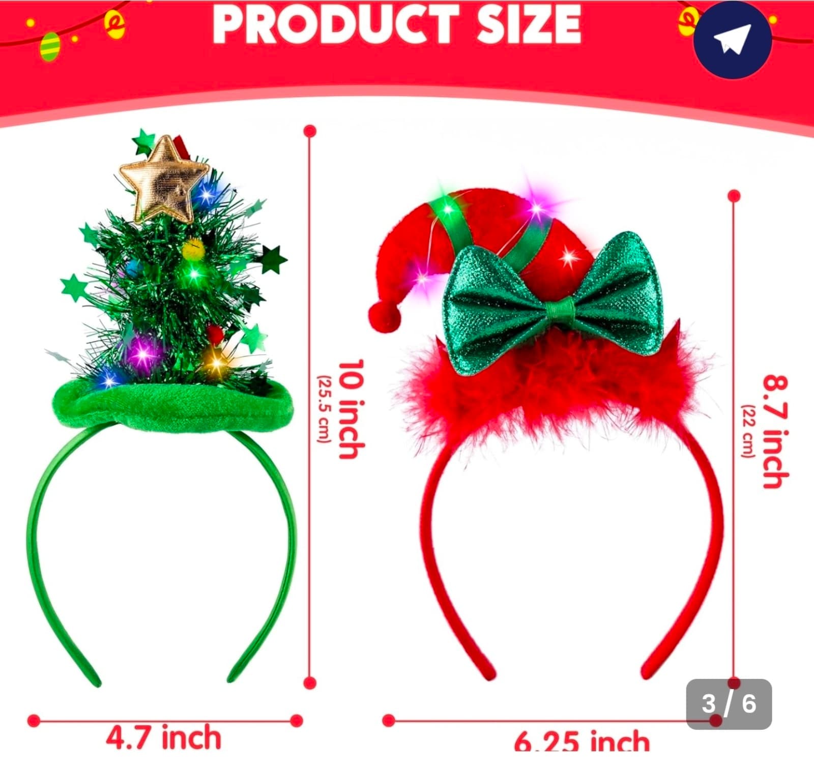 Christmas LED Headband, Tree and Elf Hat Designs Headband with LED 2ct - Thumbnail 3