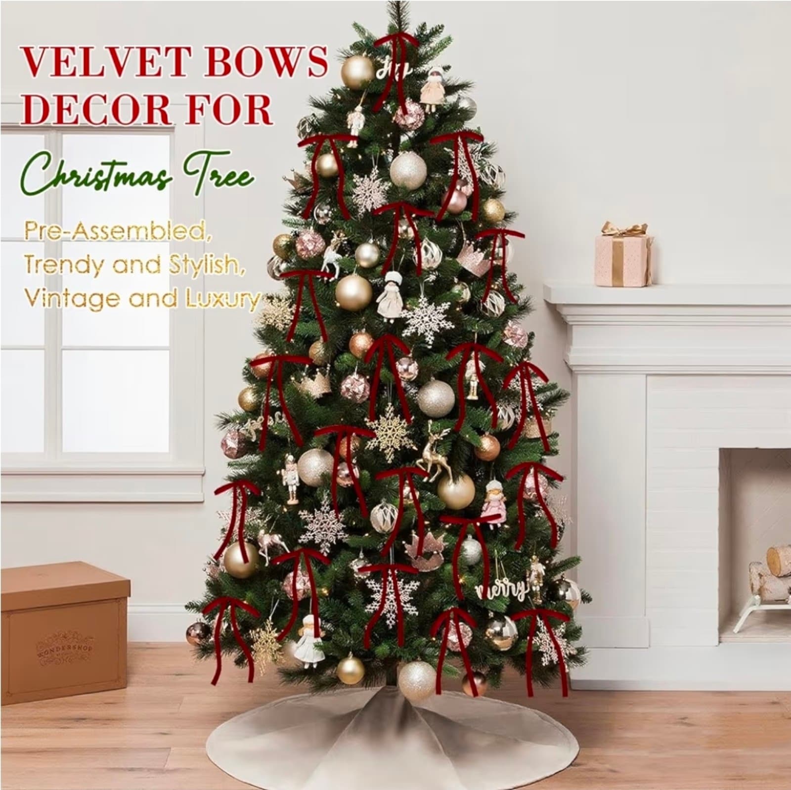 Burgundy/Wine Dark Red Velvet Bows Ornaments for Christmas Tree, Vintage Velvet - Thumbnail 3