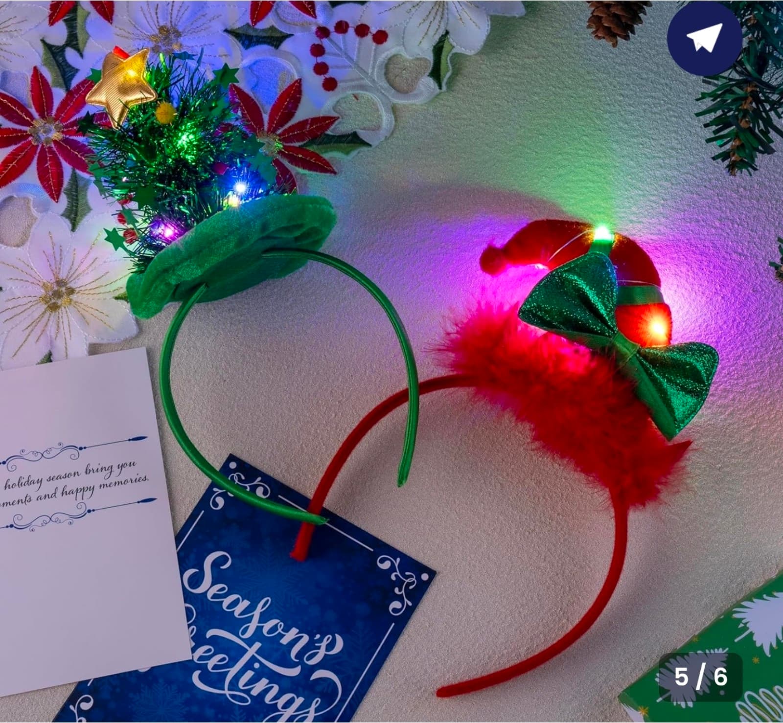 Christmas LED Headband, Tree and Elf Hat Designs Headband with LED 2ct - Thumbnail 5