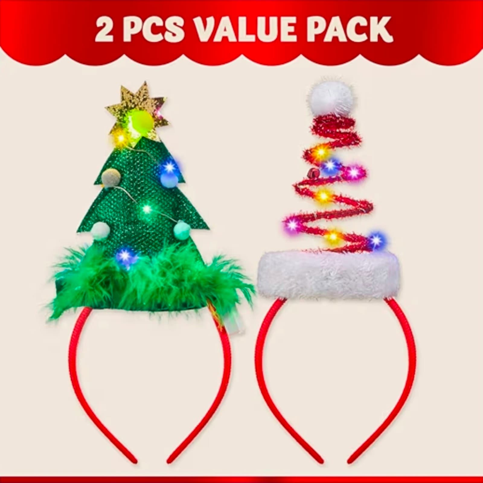Lighted Christmas Headbands with LED lights in Springy Santa Hat Tree Designs - Thumbnail 3