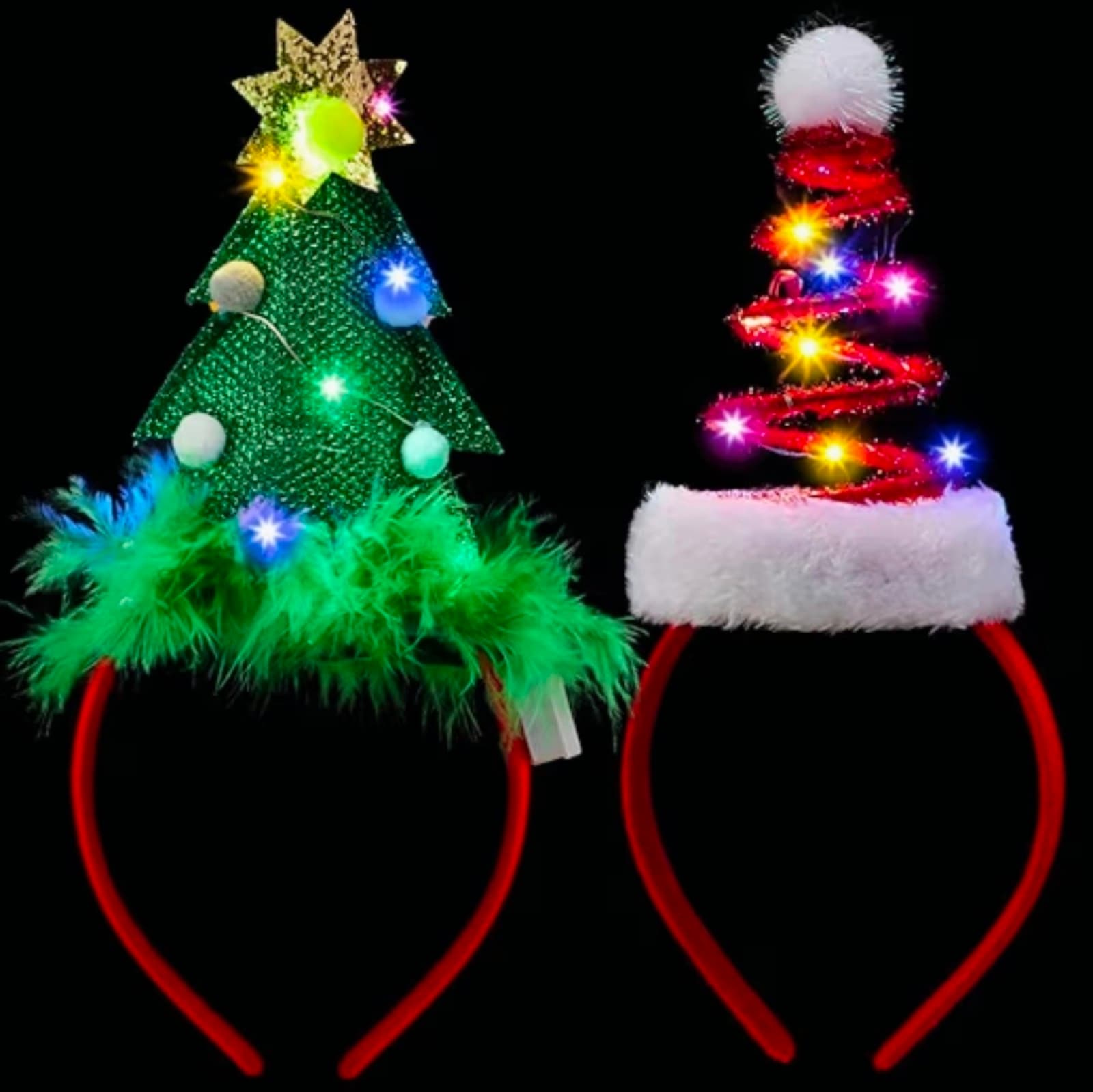 Lighted Christmas Headbands with LED lights in Springy Santa Hat Tree Designs - Thumbnail 2