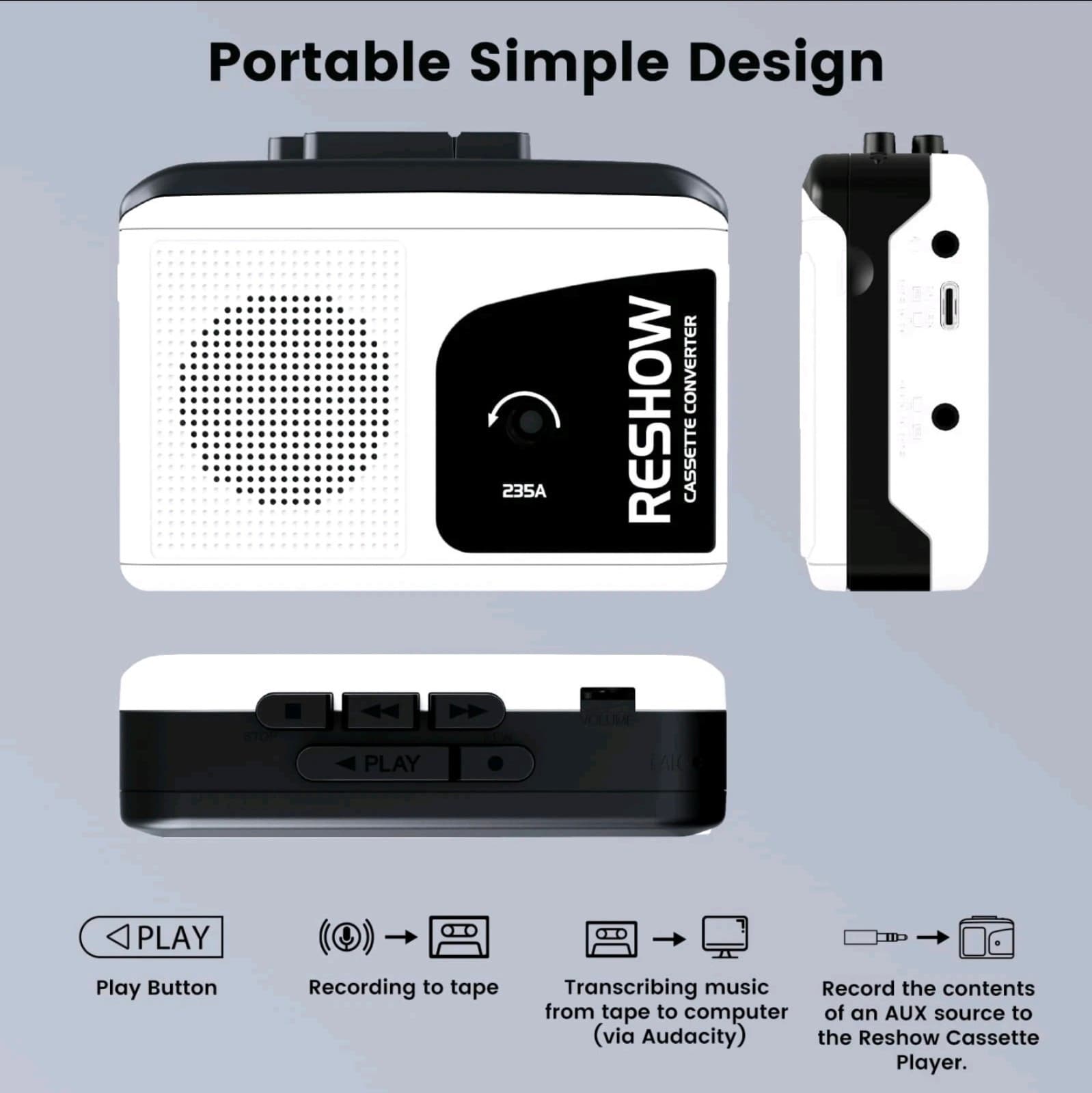 Reshow Portable Cassette Recorder Player with Built-in Speaker and Headphone - Thumbnail 3