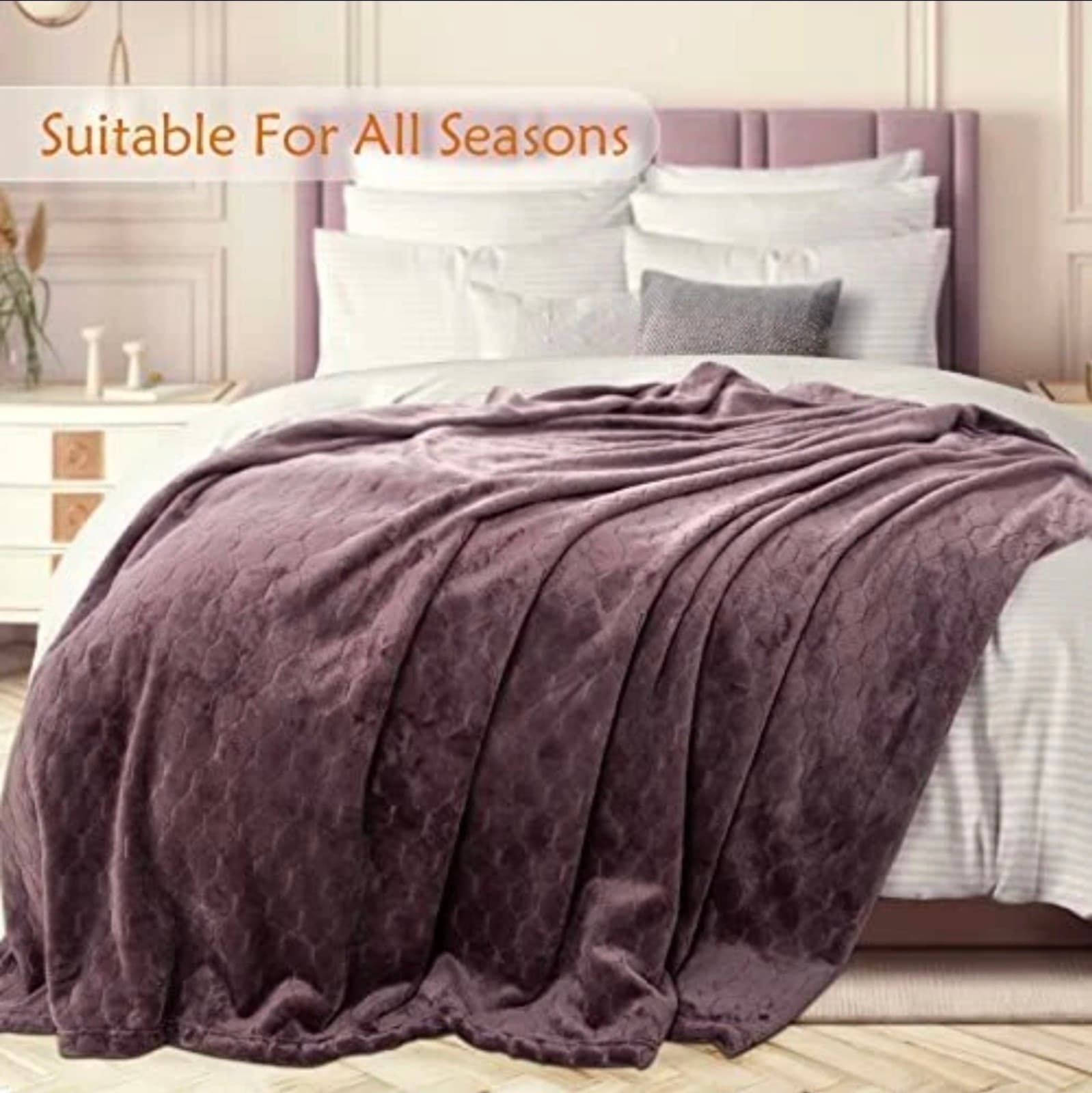 Fleece Bed Blanket Queen Size 90x90 inches, Super Soft Light Grey - Thumbnail 2