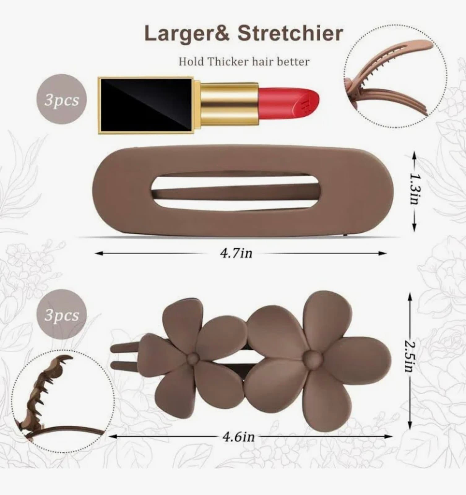 Flat Hair Clips, 2 Styles Claw Clips 1 Count (Pack of 6) - Thumbnail 4