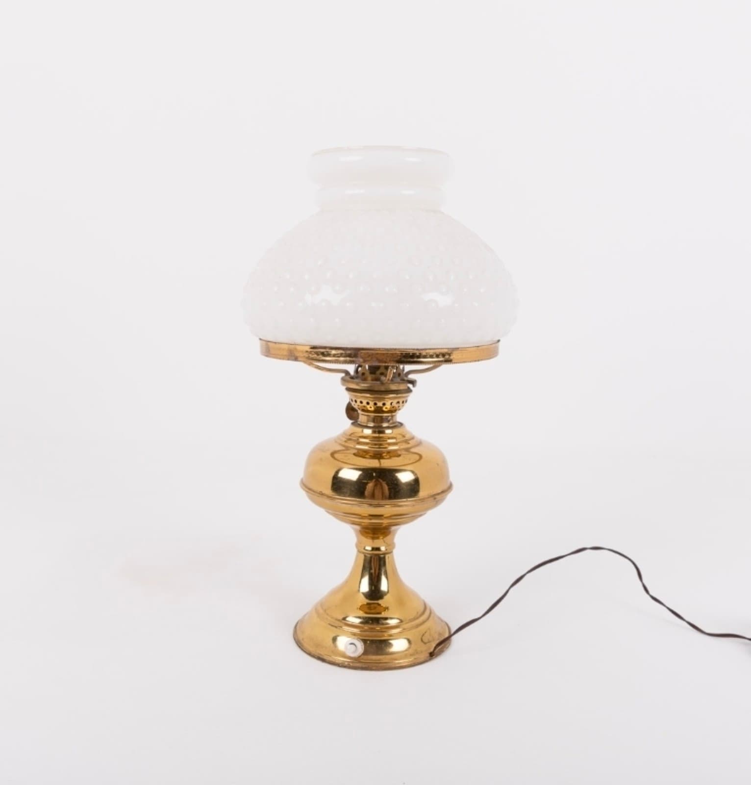 Old brass base oil lamp table lamp with opal glass shade from 1960’s, Italy.