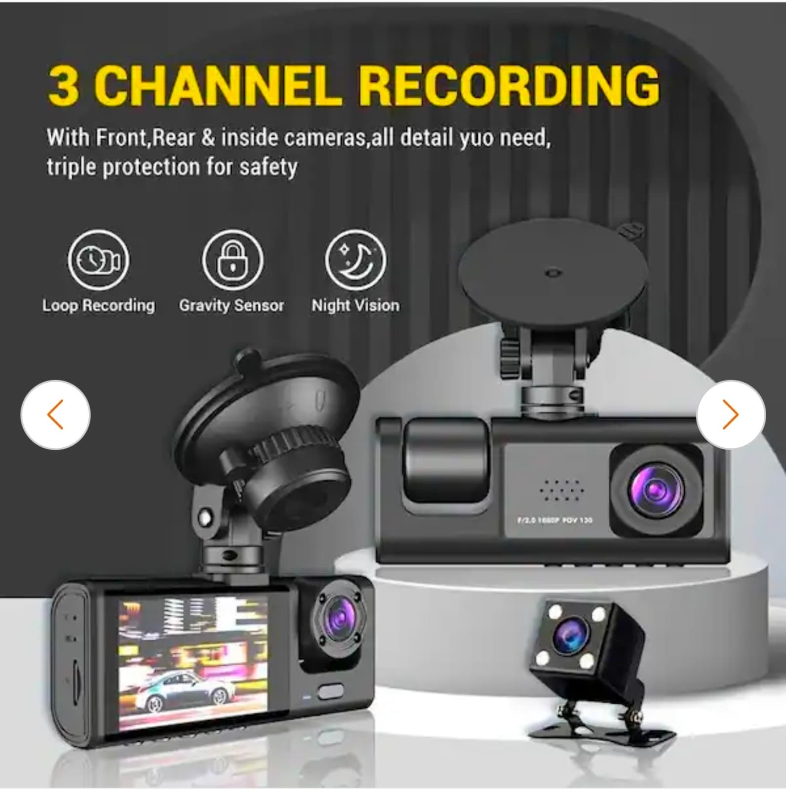Dash Cam Front & Rear Inside IR Night Vision 2 in. IPS Screen 3 Cameras Car Dash - Thumbnail 3