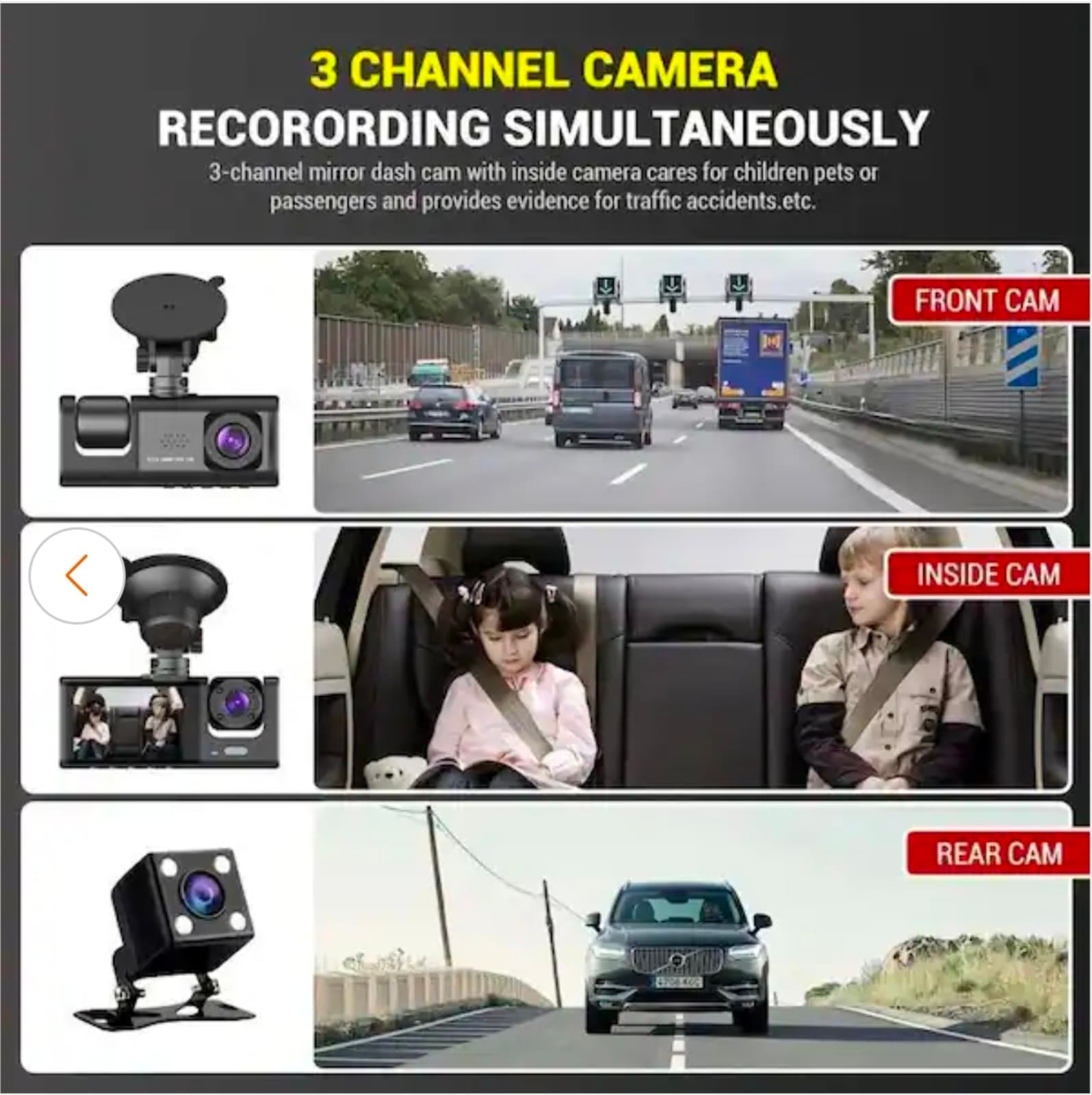 Dash Cam Front & Rear Inside IR Night Vision 2 in. IPS Screen 3 Cameras Car Dash - Thumbnail 6