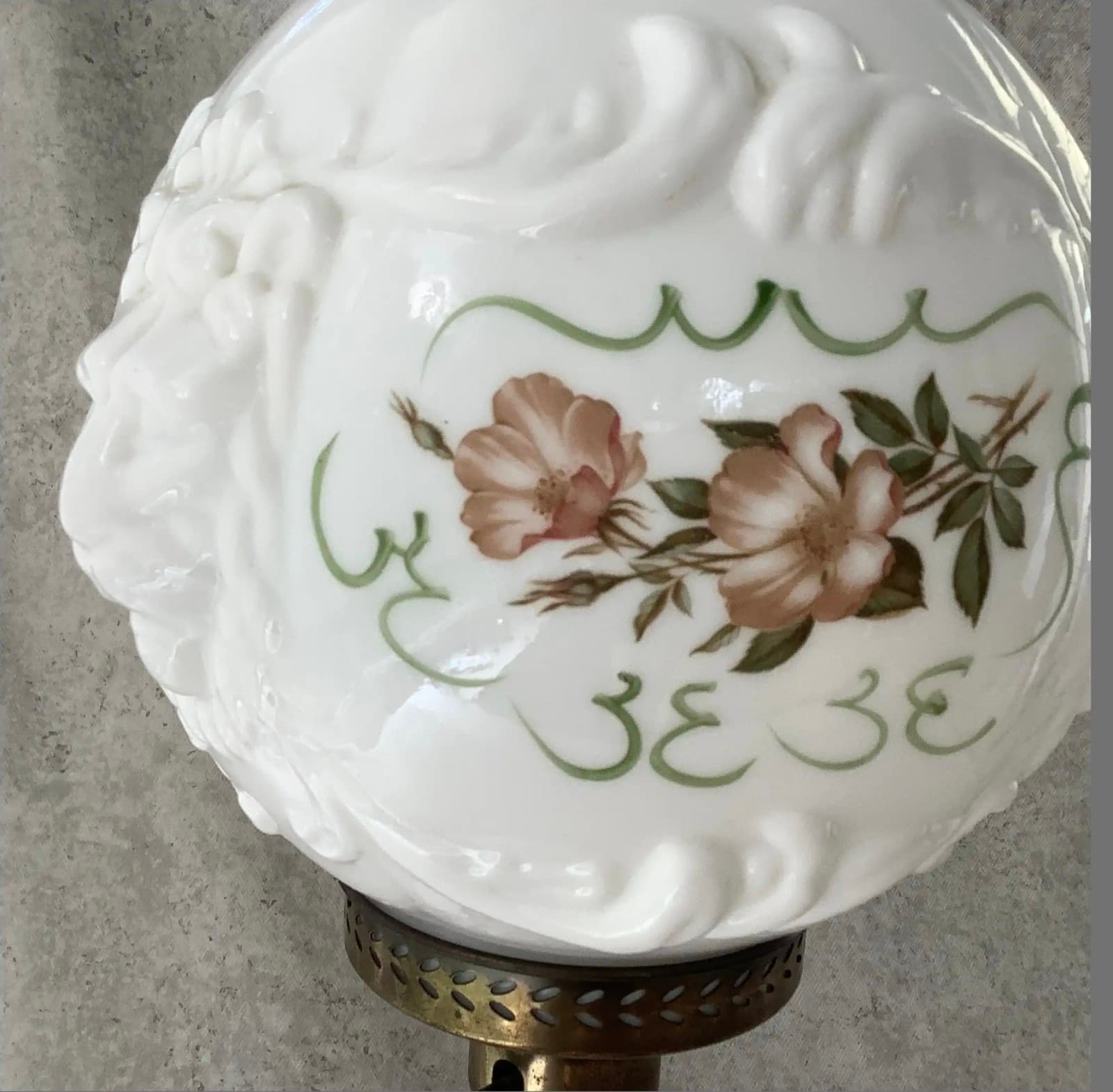 White Hurricane Gone with the Wind Lamp, Embossed Lion Heads - Thumbnail 3