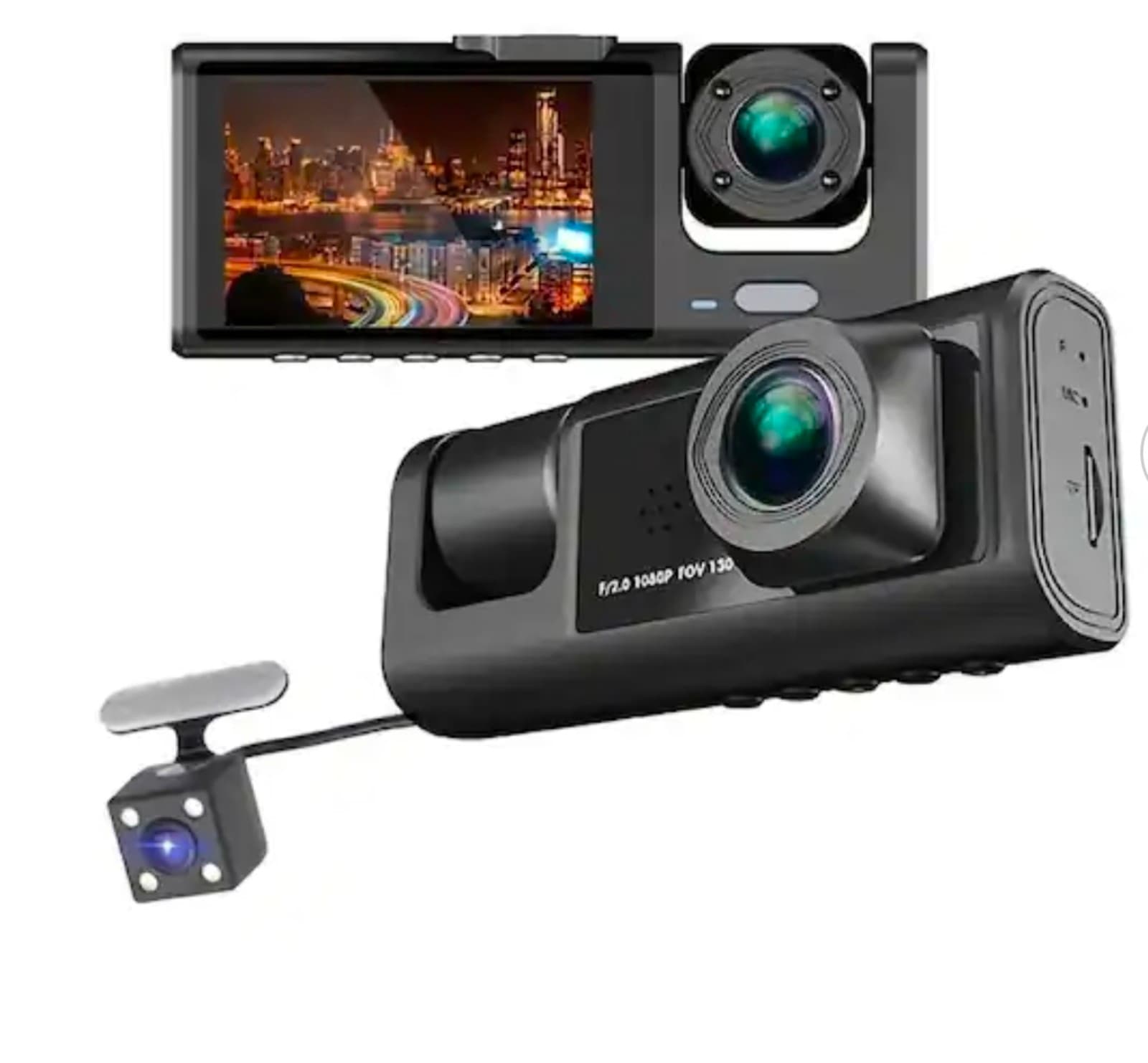 Dash Cam Front & Rear Inside IR Night Vision 2 in. IPS Screen 3 Cameras Car Dash