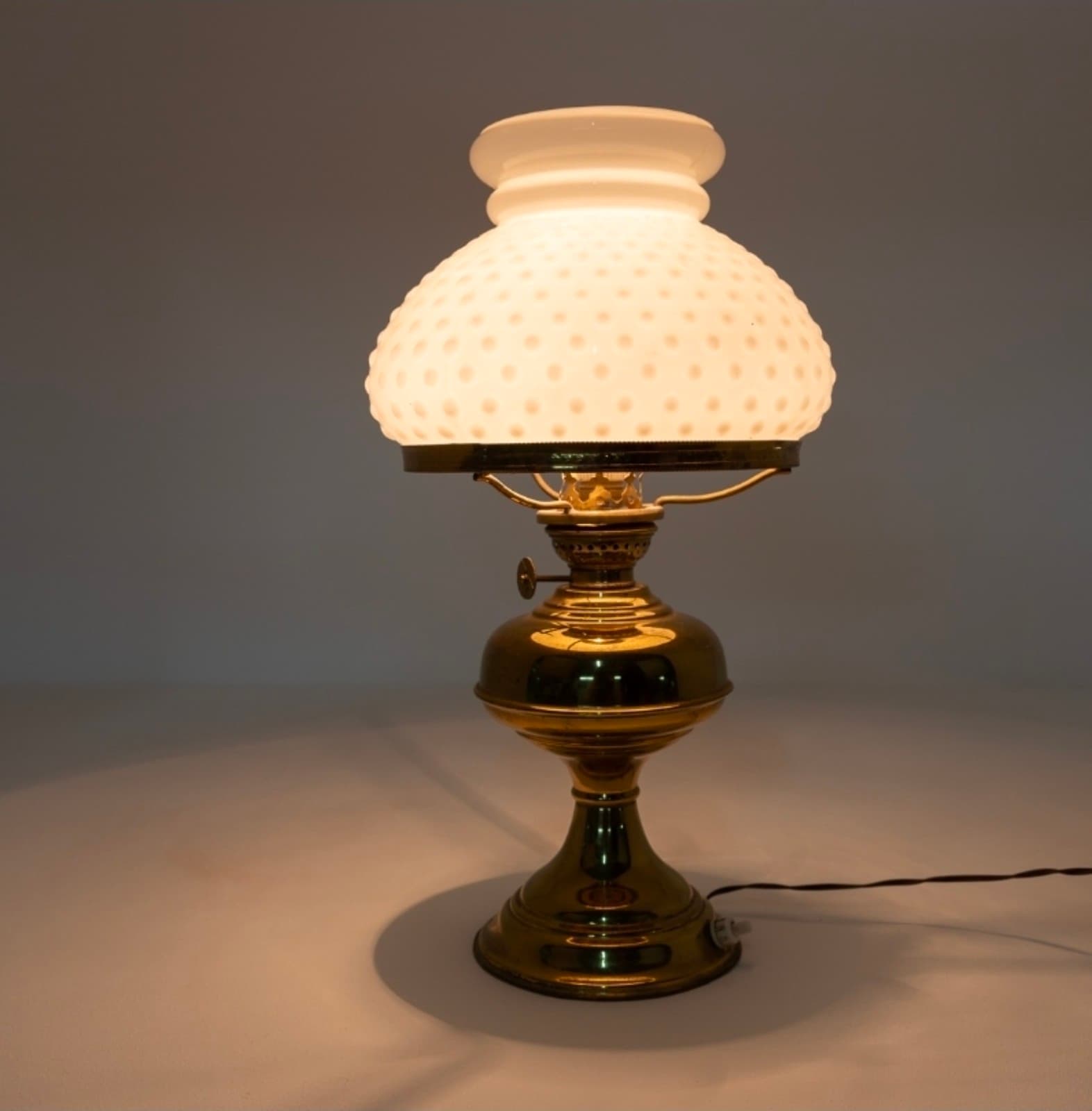 Old brass base oil lamp table lamp with opal glass shade from 1960’s, Italy. - Thumbnail 2
