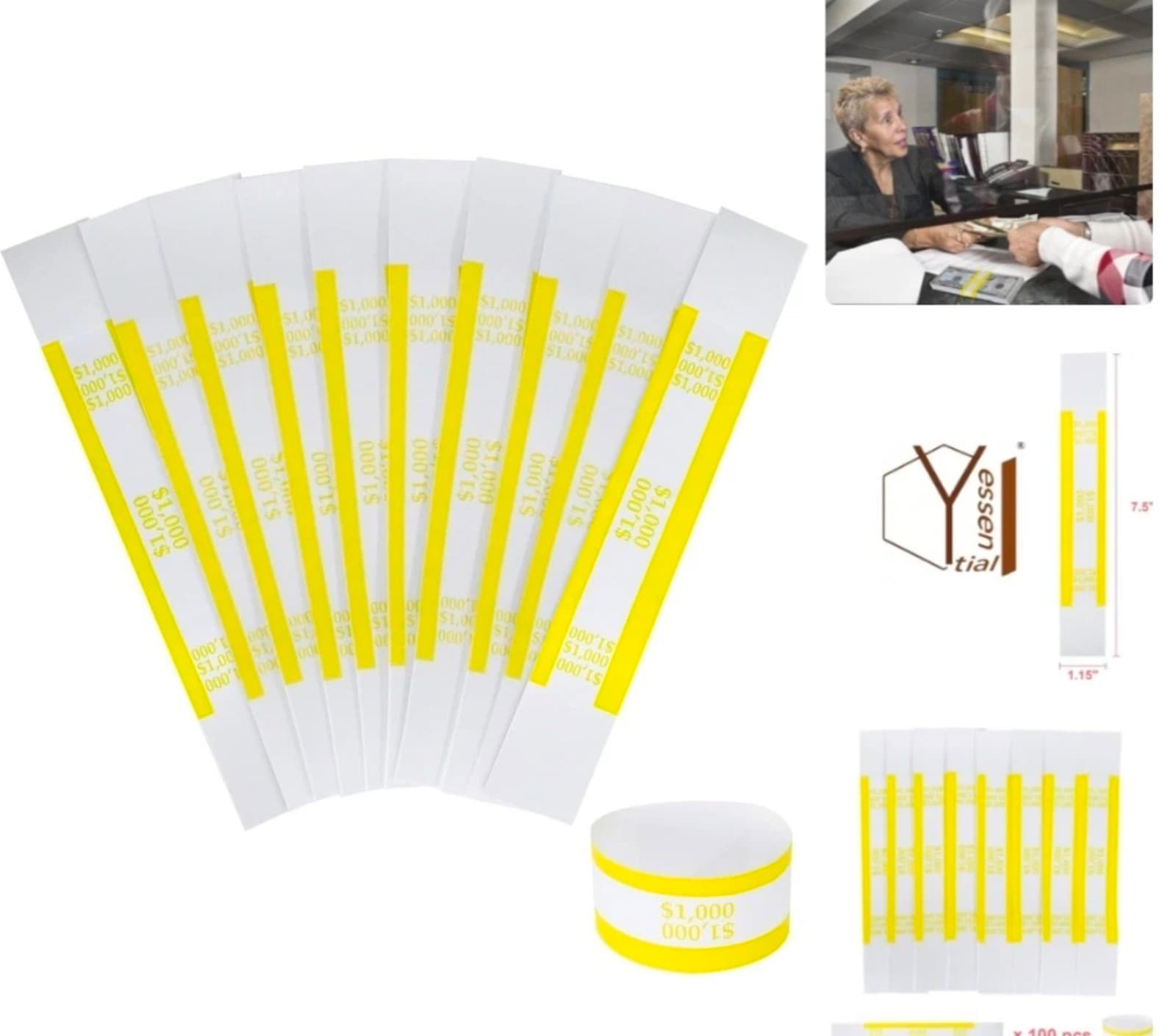 Standard Yellow Money Bands - 100 Self-Adhesive Bill Wrappers, 7.5x1.15"