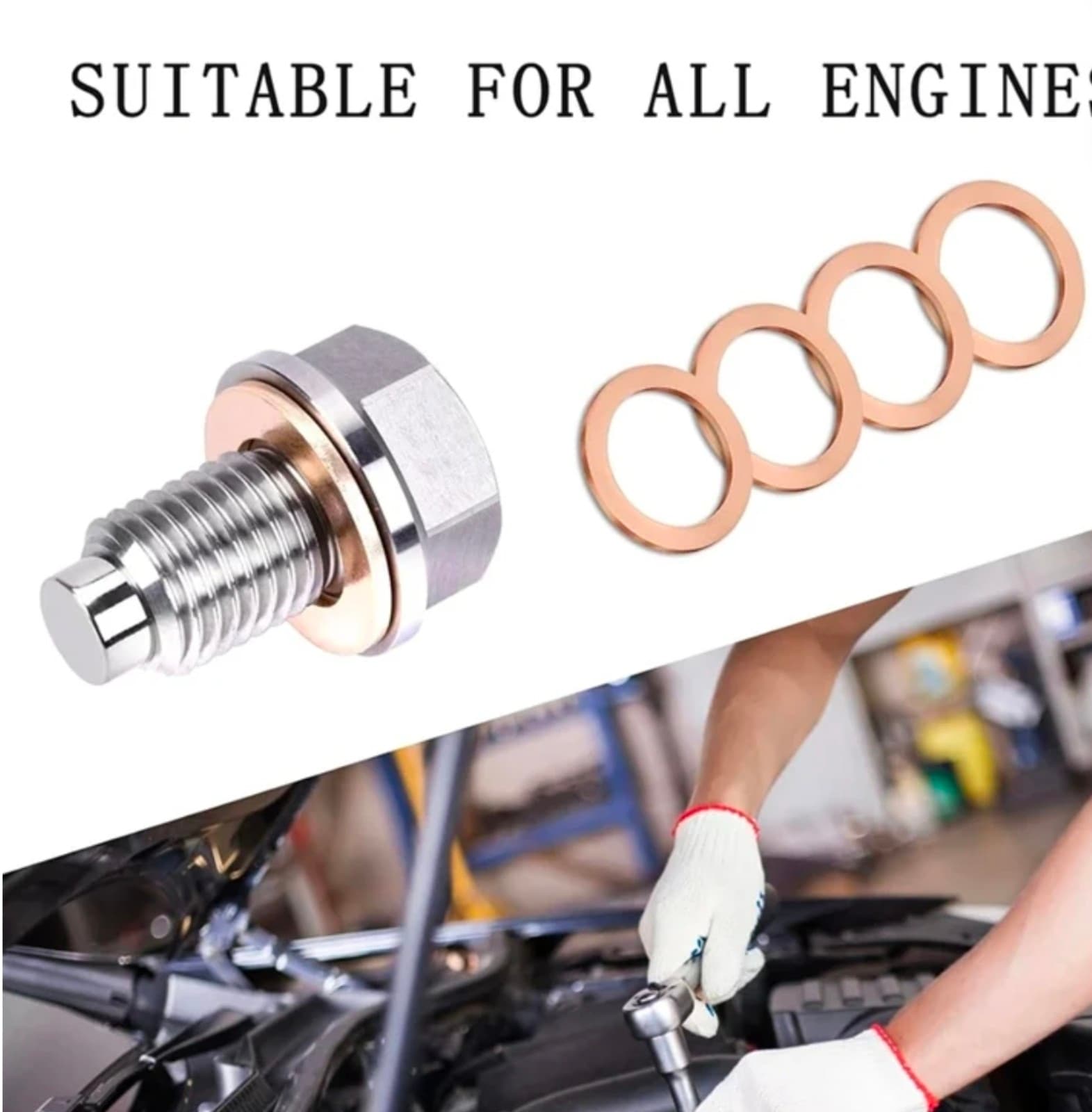 Magnetic Stainless Steel Oil Pan Drain Nut Bolt with Copper Crush Washer Anti Le - Thumbnail 4