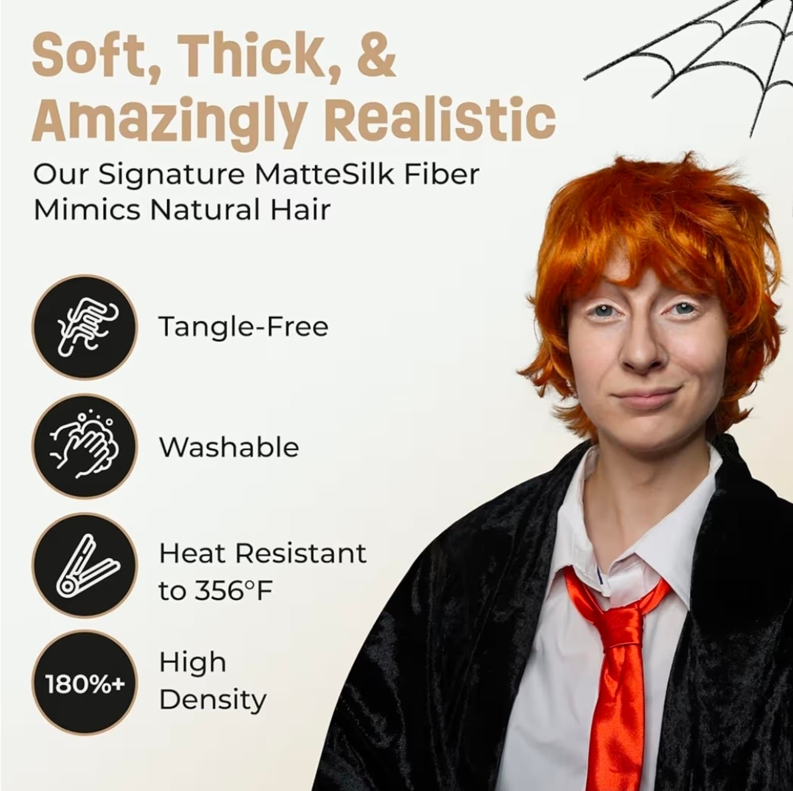 Ron Weasley Costume - Short Orange Wig for Adults & Kids - Ideal for Wizard - Thumbnail 5