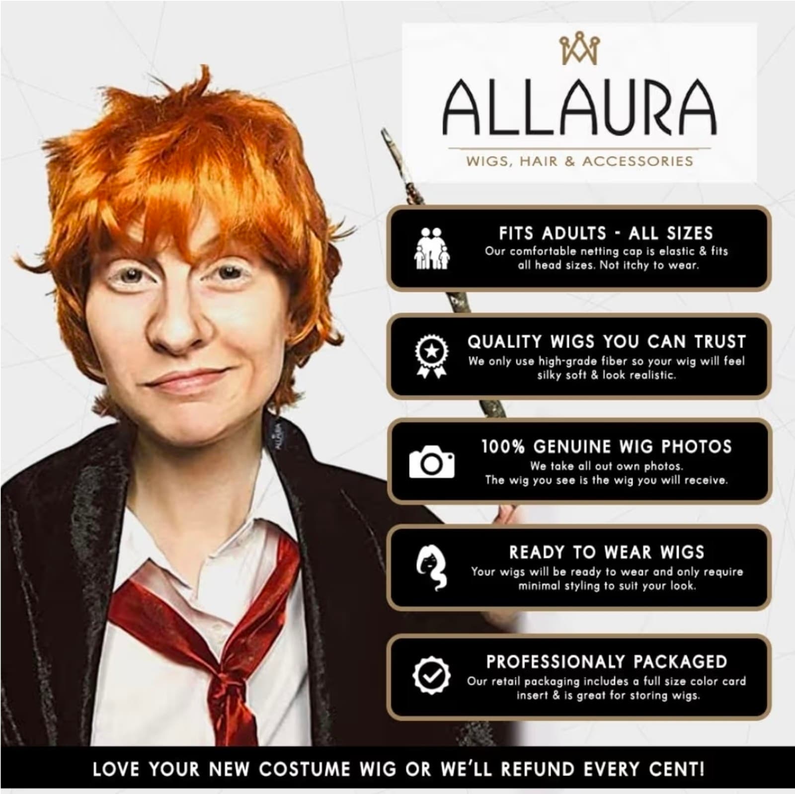 Ron Weasley Costume - Short Orange Wig for Adults & Kids - Ideal for Wizard - Thumbnail 6
