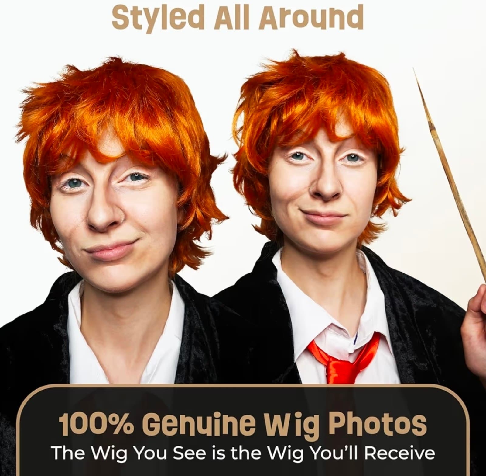 Ron Weasley Costume - Short Orange Wig for Adults & Kids - Ideal for Wizard - Thumbnail 3