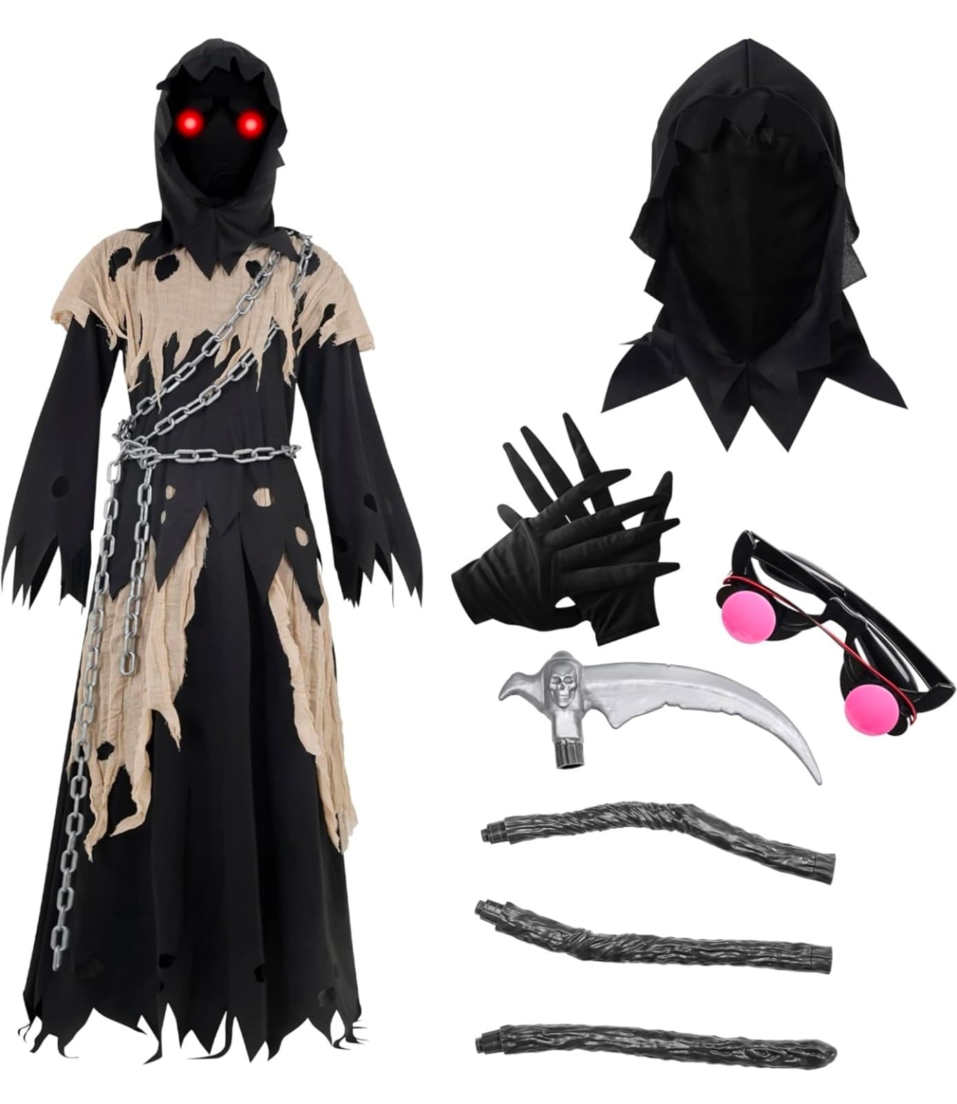 Spooktacular Creations Glowing Eyes Kids Grim Reaper Costume 5 PC Costume XL - Thumbnail 3