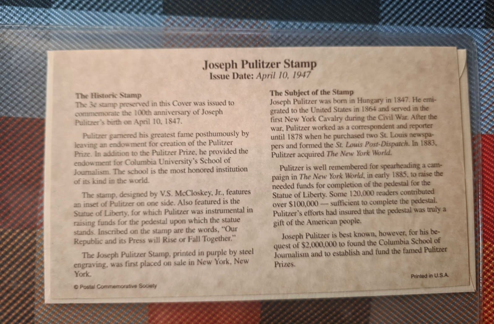 Scott 946 - Joseph Pulitzer. Historic Stamps Of America Cover #02 946 - Thumbnail 2