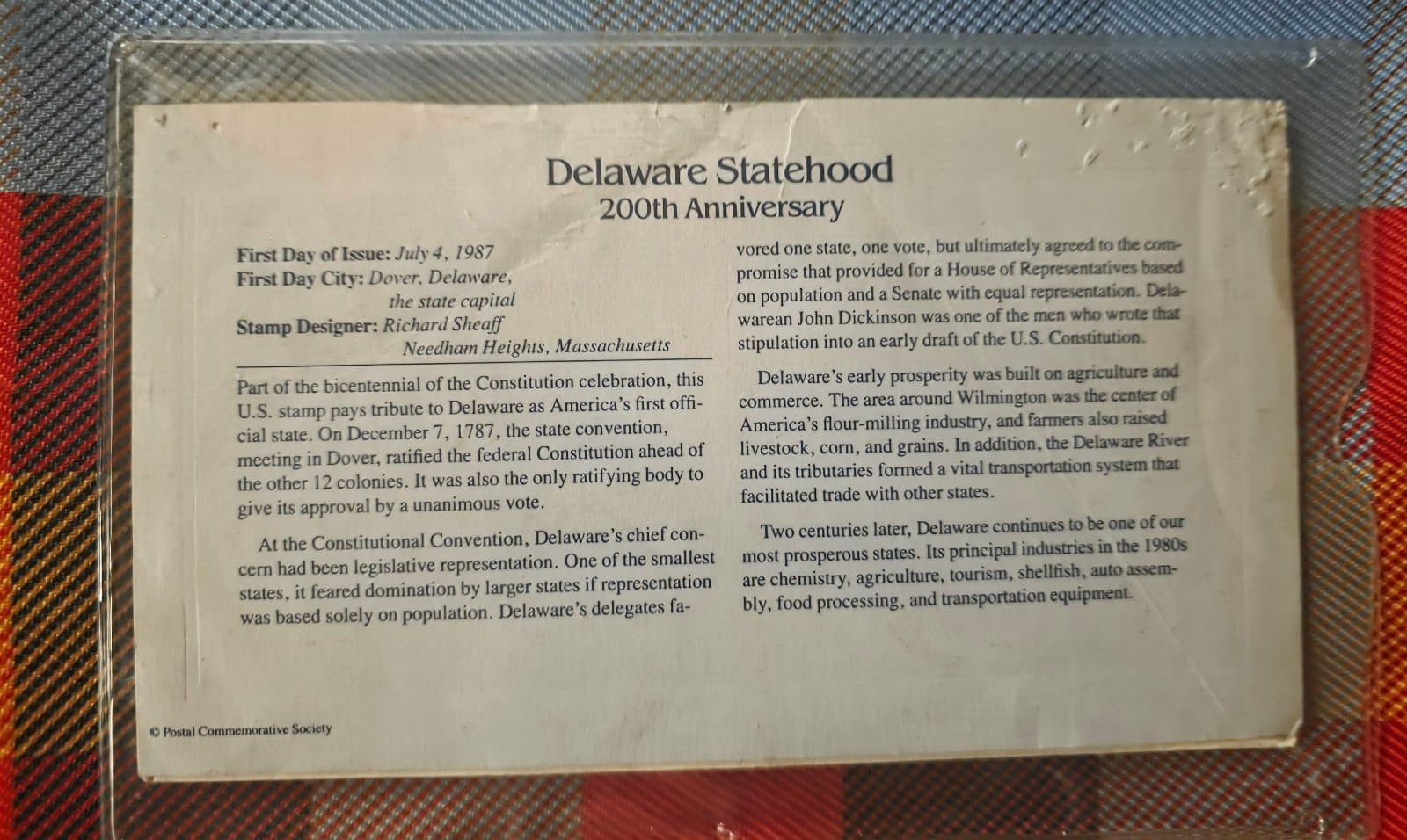 1987 DELAWARE STATEHOOD 200TH ANNIVERSARY GOLD STAMP SPECIAL COLLECTOR'S COPY - Thumbnail 2
