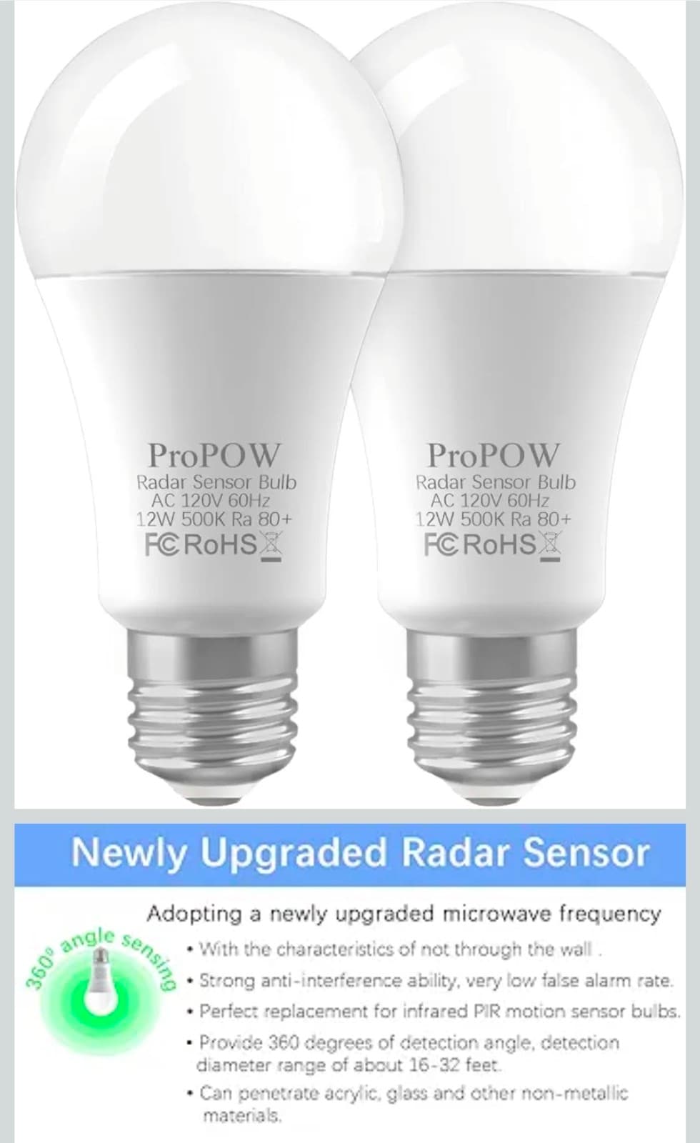 Radar Motion Sensor Light Bulbs, A19 12W (100 Watt Equivalent) Daylight E26 Outd