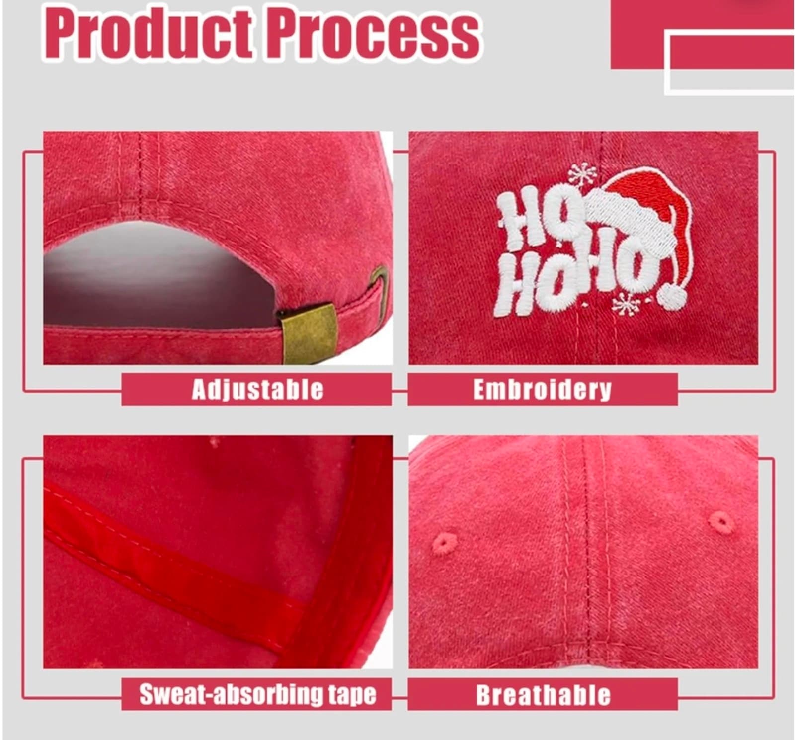 Christmas Hats for Adult, Red Washed Cotton Embroidered Santa Baseball Hat - Thumbnail 6