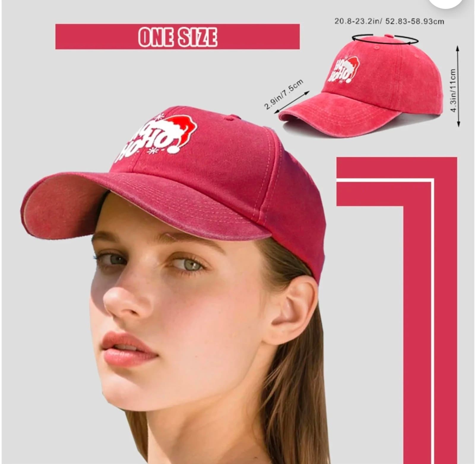 Christmas Hats for Adult, Red Washed Cotton Embroidered Santa Baseball Hat - Thumbnail 5