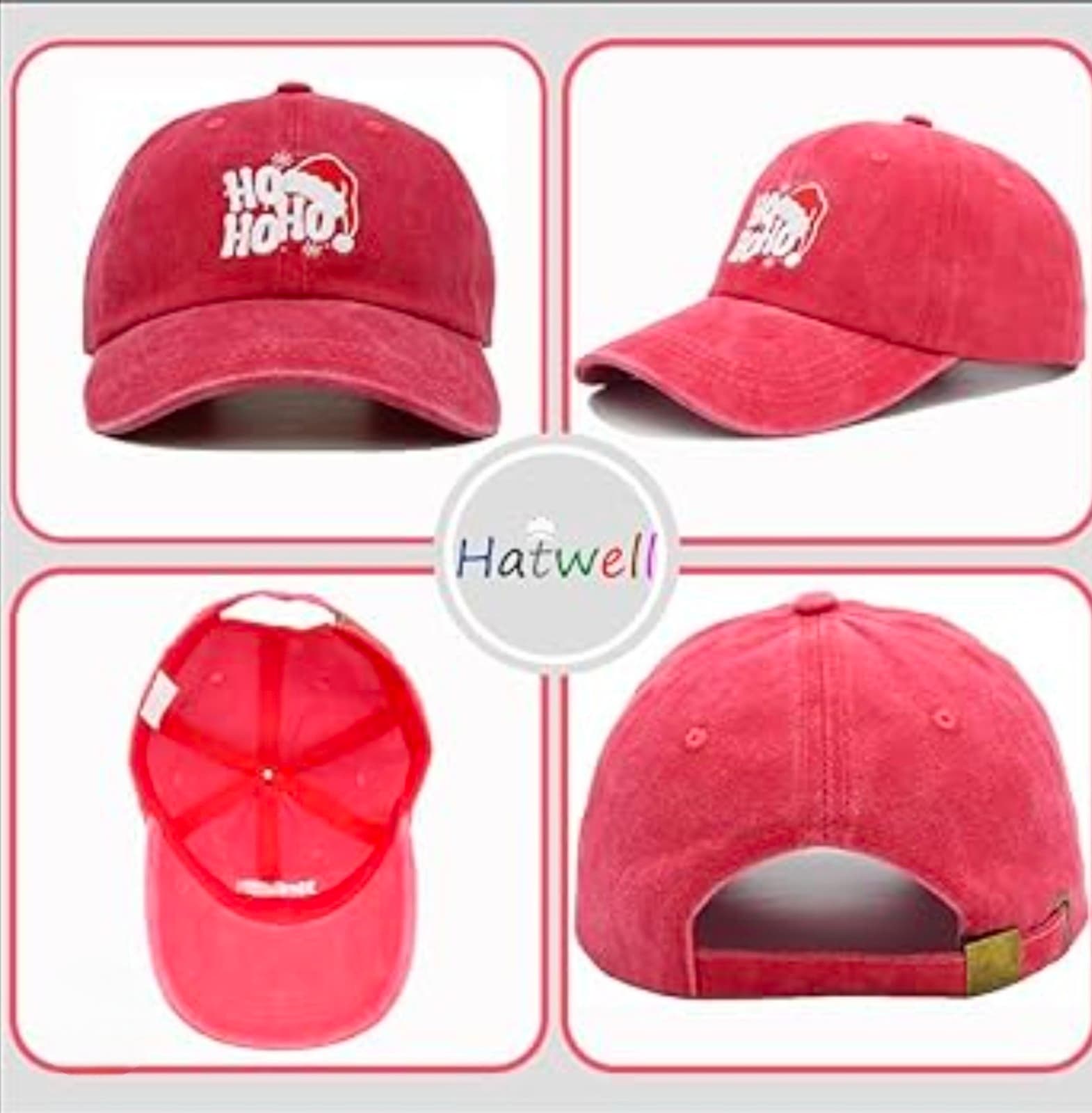 Christmas Hats for Adult, Red Washed Cotton Embroidered Santa Baseball Hat - Thumbnail 2
