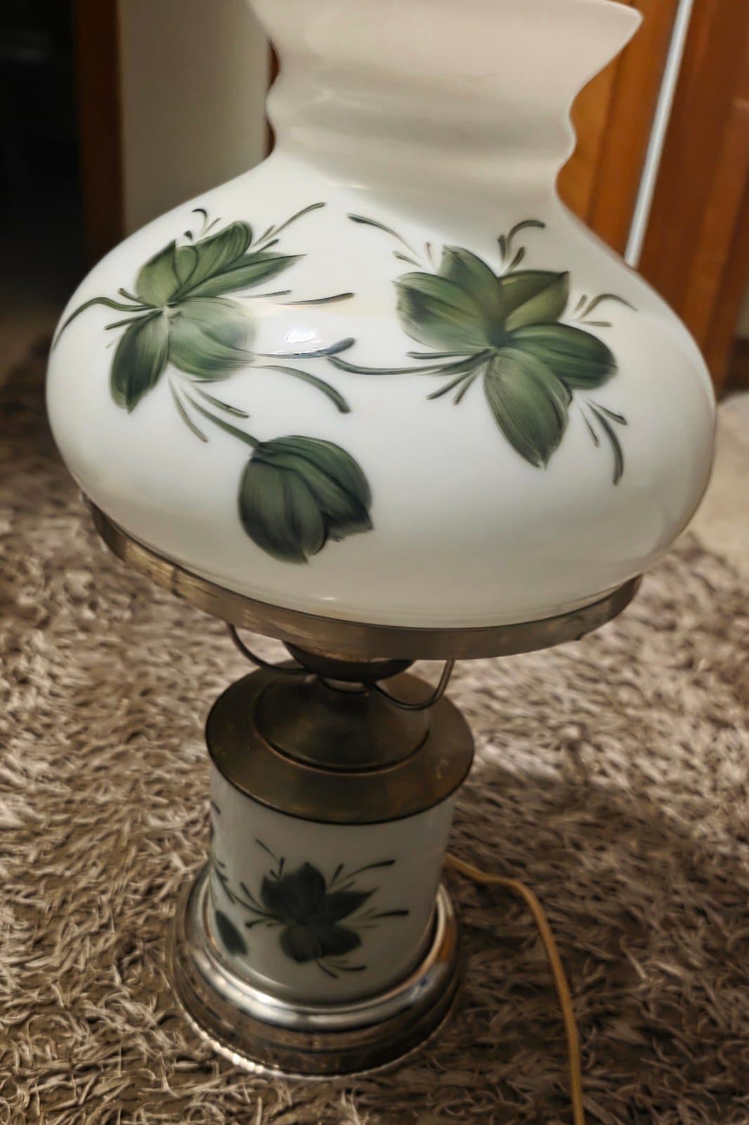 Vintage Hurricane Style Lamp with Ivy Hand Painted