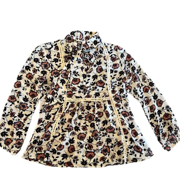 Free press floral print blouse size XS with bow and embroidered trim - Thumbnail 8
