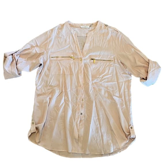Calvin Klein light pink top size LG with gold buttons and zipper pockets - Thumbnail 8