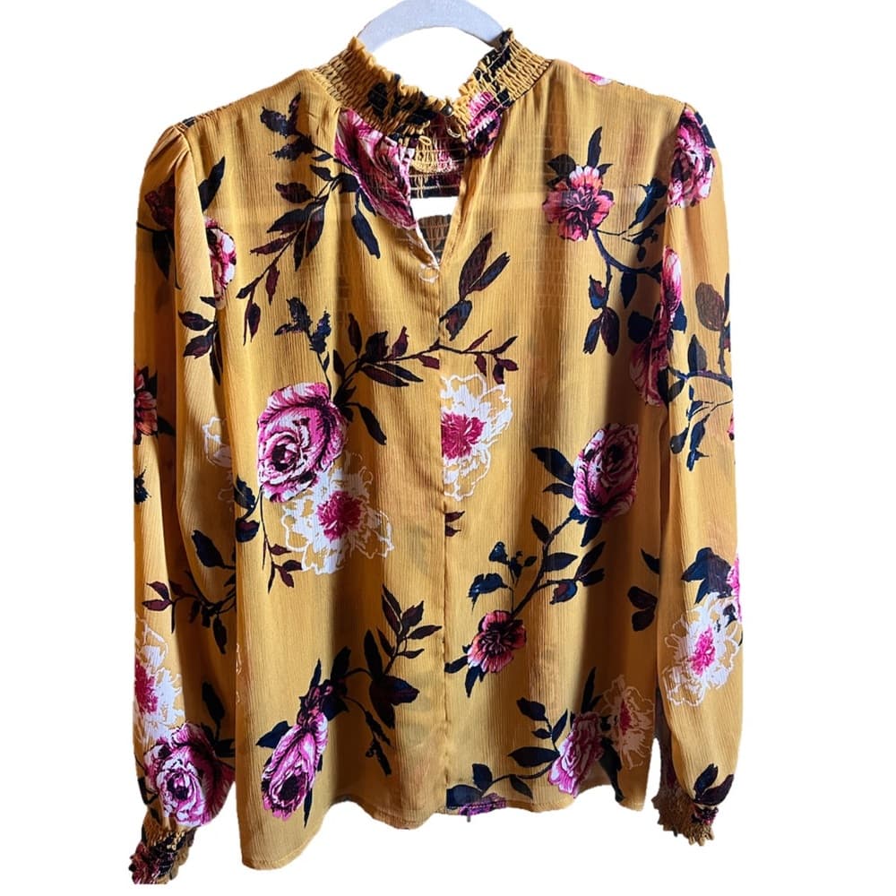 About a Girl yellow floral blouse size L w/ mock neck - Thumbnail 3