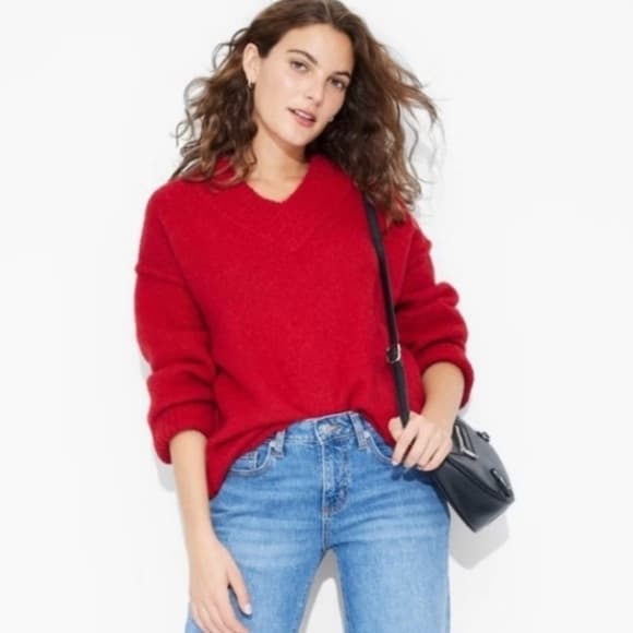 Wild Fable Size M Deep Red Chunky Knit V Neck Sweater - Thumbnail 2