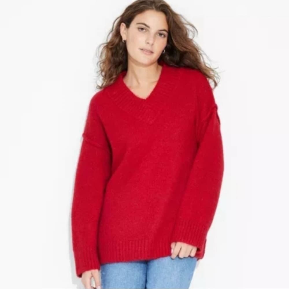 Wild Fable Size M Deep Red Chunky Knit V Neck Sweater - Thumbnail 3