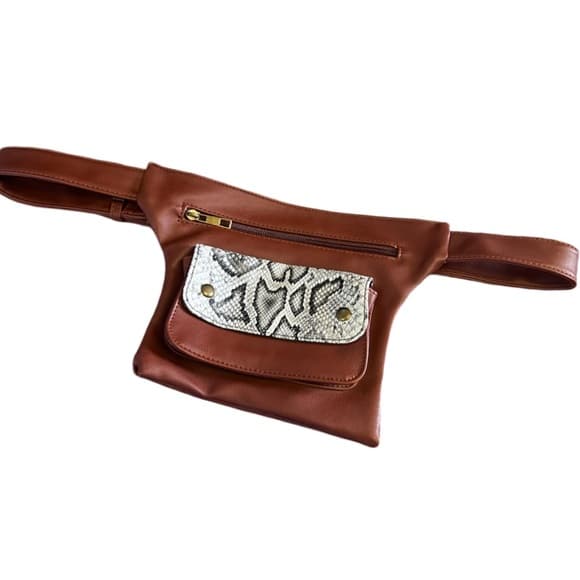 Badiya Brown Faux Leather Snakeskin FannyPack Bag Purse Buckle Strap - Thumbnail 2