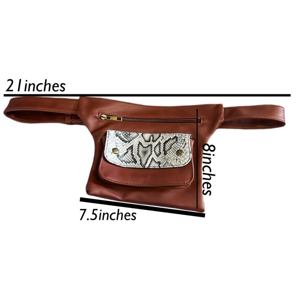 Badiya Brown Faux Leather Snakeskin FannyPack Bag Purse Buckle Strap - Thumbnail 3