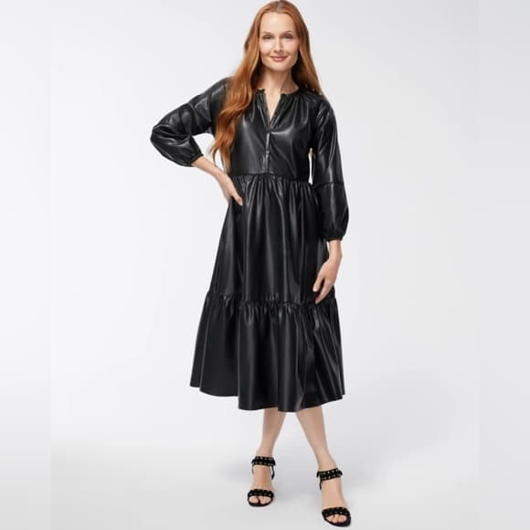 Chico's Solid Black Pleather Midi Dress Tiered W/ Pockets Size 3 (US 16) NWT - Thumbnail 13