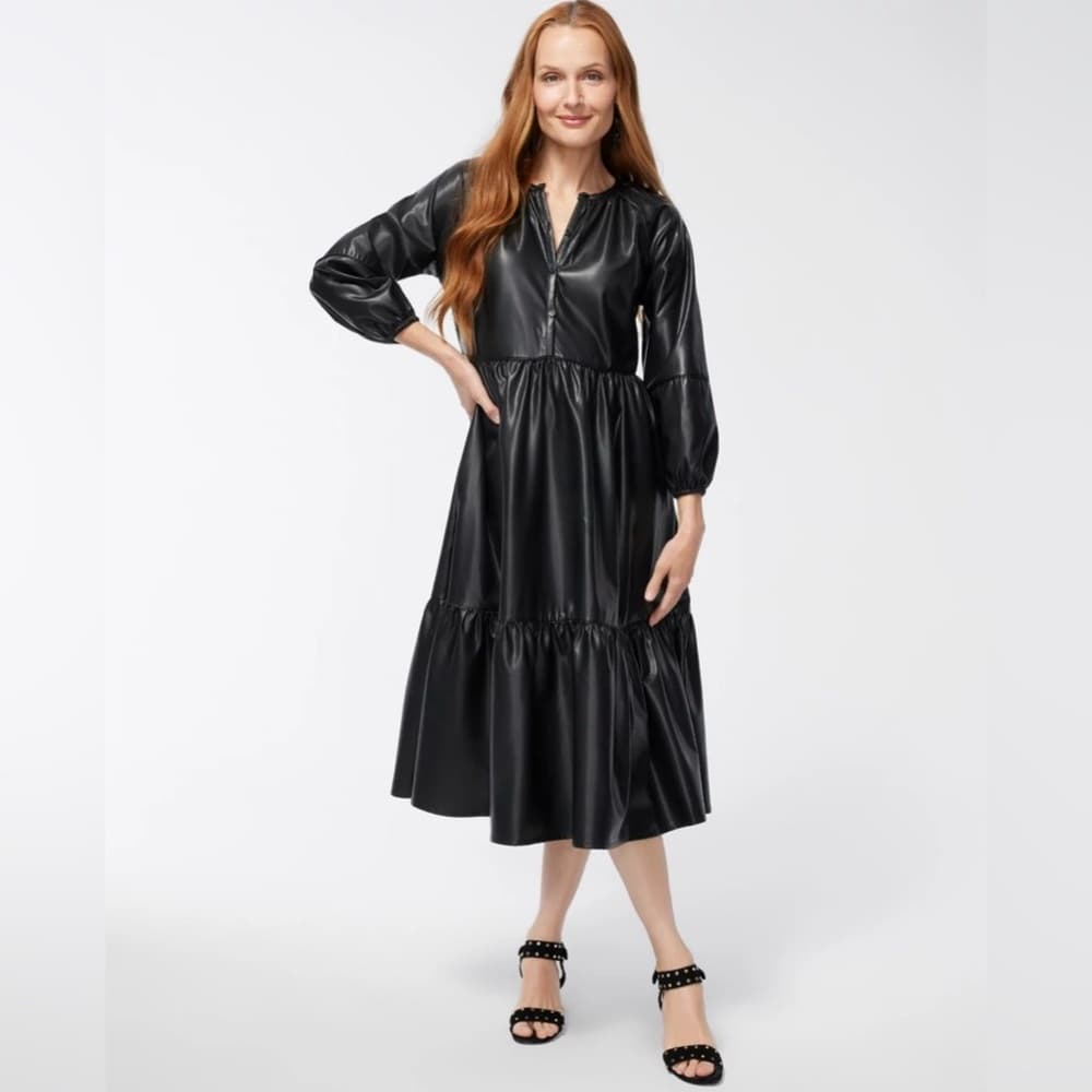 Chico's Solid Black Pleather Midi Dress Tiered W/ Pockets Size 3 (US 16) NWT - Thumbnail 12