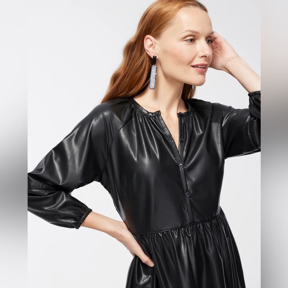Chico's Solid Black Pleather Midi Dress Tiered W/ Pockets Size 3 (US 16) NWT - Thumbnail 2