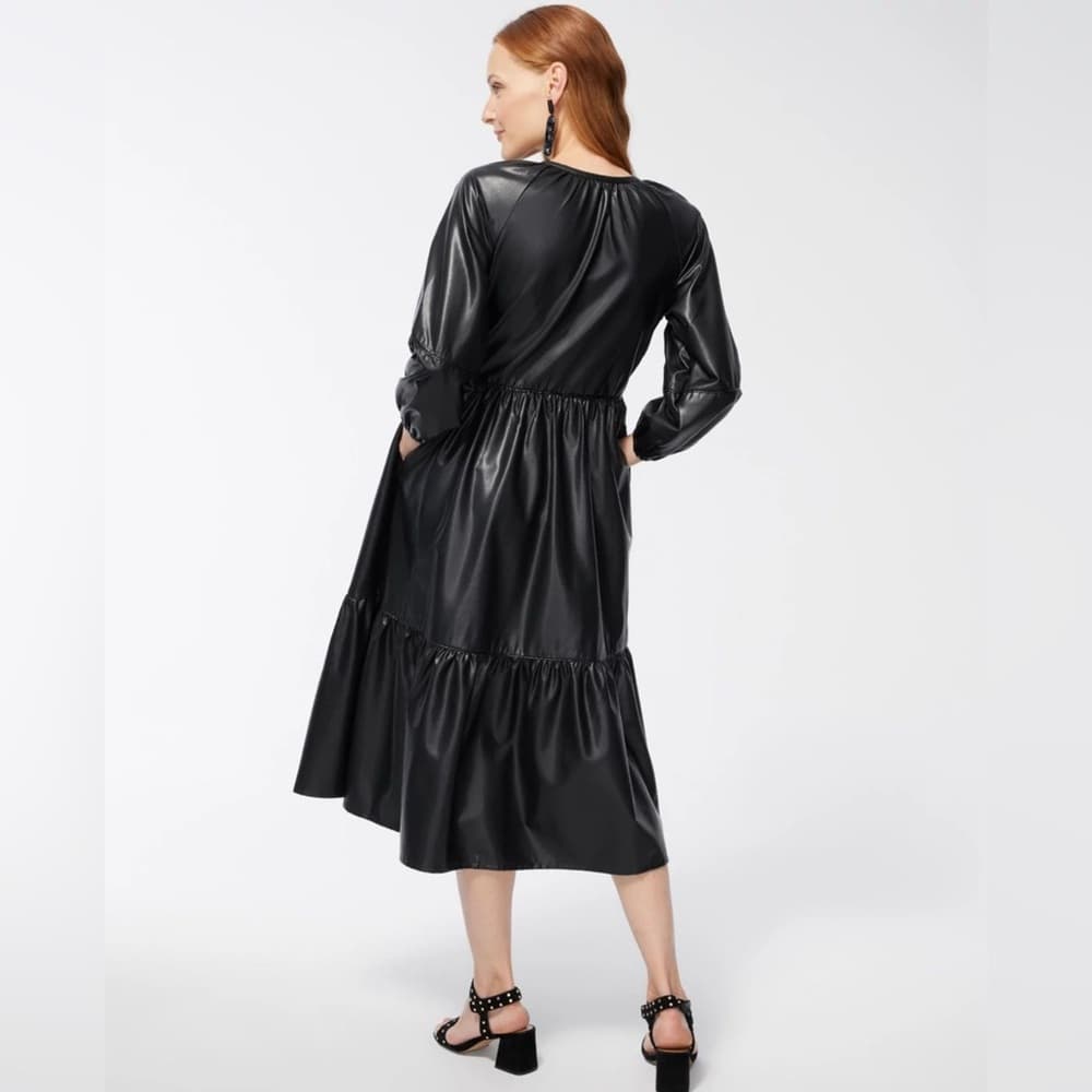 Chico's Solid Black Pleather Midi Dress Tiered W/ Pockets Size 3 (US 16) NWT