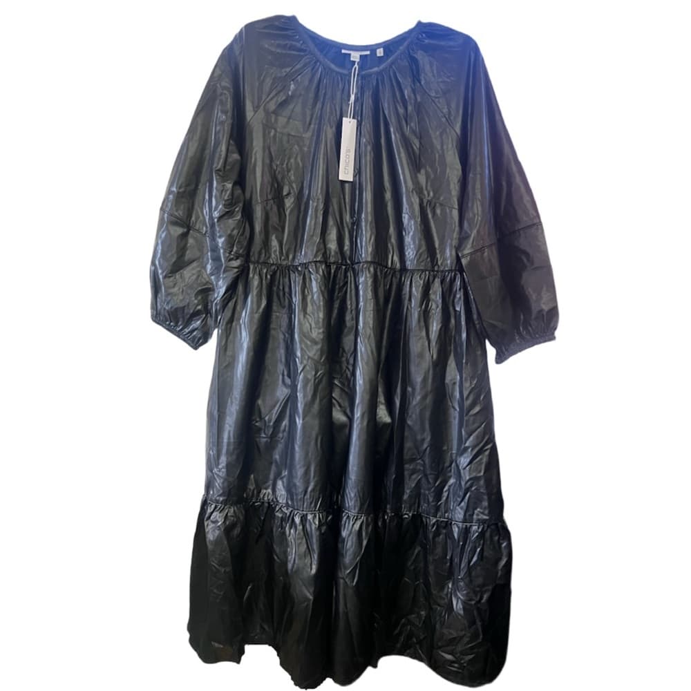 Chico's Solid Black Pleather Midi Dress Tiered W/ Pockets Size 3 (US 16) NWT - Thumbnail 3